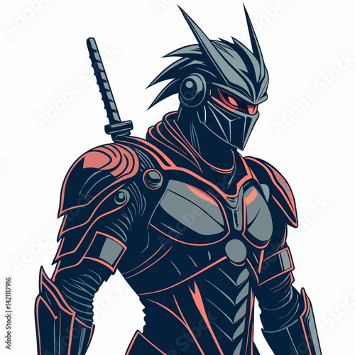 Design a bold, vector illustration of a futuristic cyberpunk character, emphasizing strong lines and vibrant colors.  Focus on a powerful, dynamic pose.