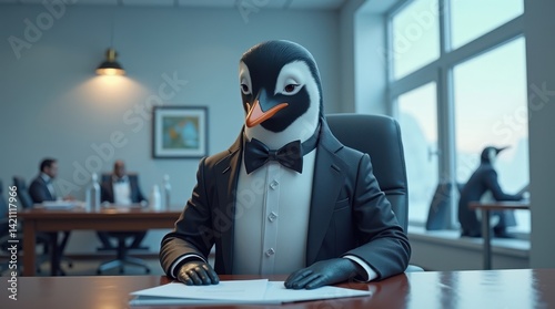 Penguin in business suit at office desk corporate setting professional environment unique perspective for business concept photo