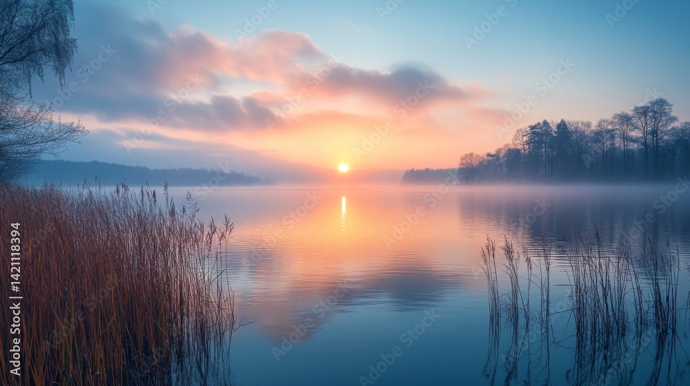 Fototapeta premium Tranquil sunrise reflecting in the calm waters of a misty lake, with reeds in the foreground and silhouetted trees, creating a peaceful landscape