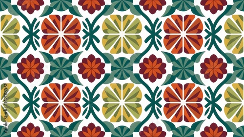 White Background Wallpaper with Repeating Ethnic Batik Pattern of Flowers and Leaves