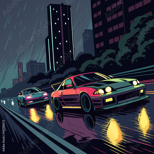 Create a bold, vector illustration of a JDM street racing car, emphasizing strong lines and impactful strokes.  Focus on speed and style.