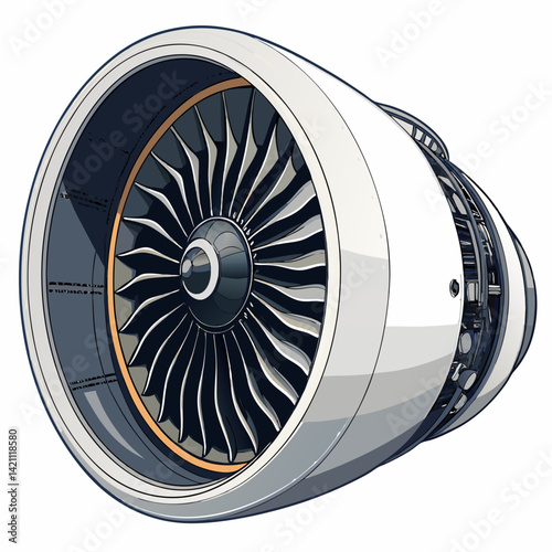 Create a bold, vector illustration of a jet engine's internal components, showcasing intricate details with thick outlines and high contrast.