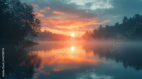 Ethereal Sunrise Reflecting on Tranquil Lake Waters with Mystical Fog and Woodland Silhouettes creating a Dreamy Aesthetic