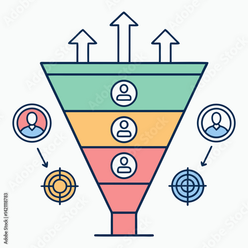 Create a bold, vector illustration of a marketing funnel with clearly defined stages.  Use a strong, contrasting color scheme.