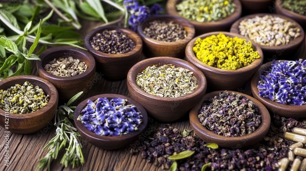 Assorted dried herbs and flowers in small wooden bowls (3) Assorted dried herbs and flowers in small wooden bowls (3)