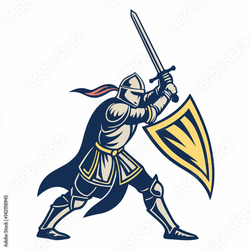 Create a vector illustration of a medieval knight, bold black stroke, full body, detailed armor, heroic pose, isolated on white background.