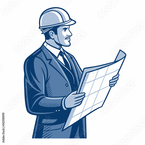Create a bold, vector illustration of a modern architect, head and shoulders, with strong lines and a minimalist style.  Focus on a powerful, confident pose.