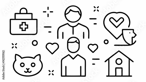 Editable line vector icons showcasing volunteering themes like nonprofit work, donations, and social good, ideal for charity websites and campaigns.