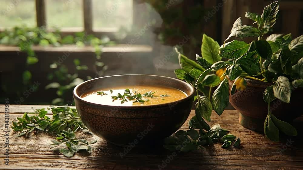 Hearty, steaming soup in rustic bowl, garnished with fresh herbs