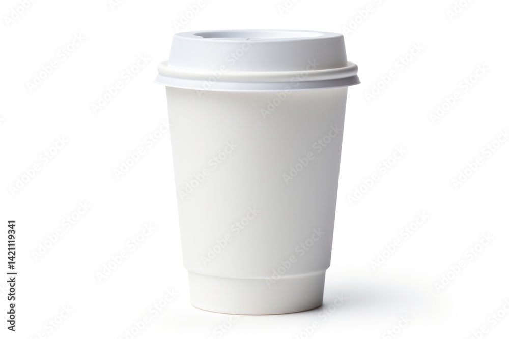 A plain white paper cup with a plastic lid and a small opening for sipping positioned slightly tilted to reveal the top view A plain white paper cup with a plastic lid and a small opening for sipping positioned slightly tilted to reveal the top view