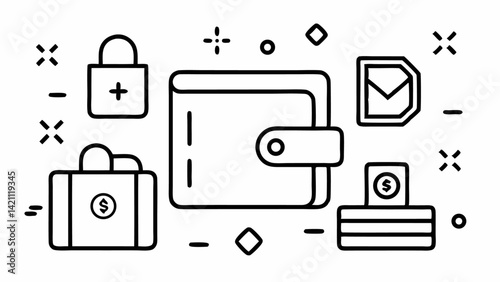 Vector icon set of wallet illustrations designed in a sleek editable line style, representing payment, finance, and personal money management visuals.
