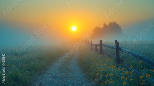 Ephemeral Sunrise Illuminating a Rural Path Through Foggy Meadow and Rustic Fence with Vibrant Flowers, Creating a Tranquil and Mystical Countryside Scene