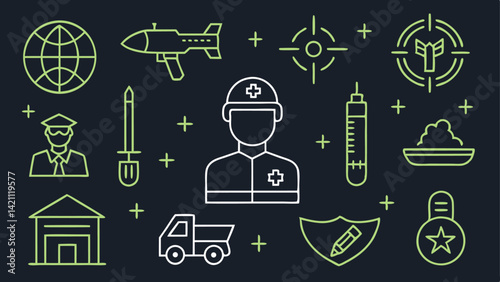 War and battle themed vector icons created in an editable line art format suitable for history projects, military infographics, or conflict visual stories.