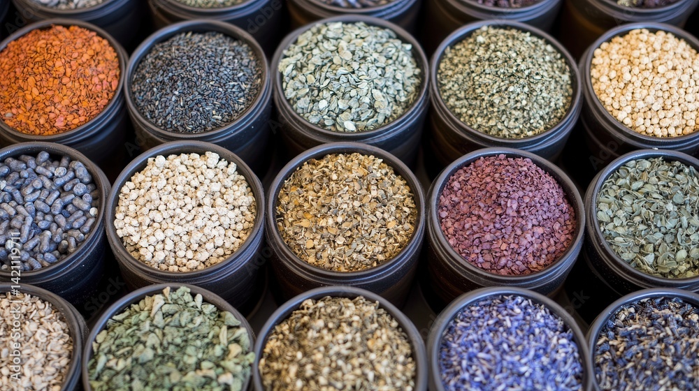 Assorted Dried Herbs and Spices in Containers