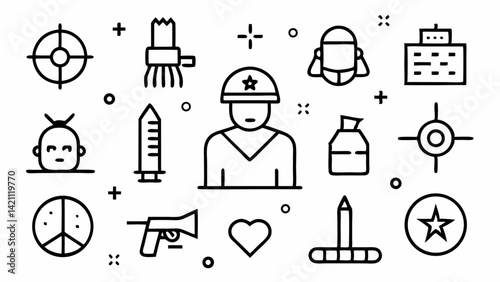 Editable vector icons featuring war and military themes including weapons, helmets, and strategy symbols for use in educational or gaming content.