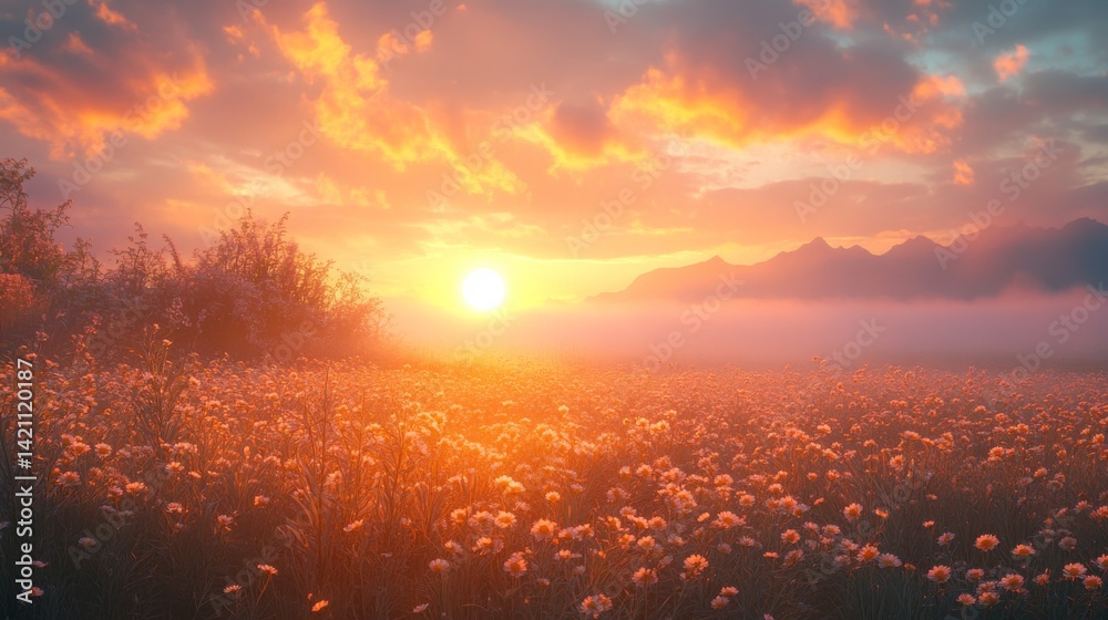 Serene floral landscape bathed in the warm glow of sunset, with hazy mountains and fiery skies, capturing the magic of twilight, romantic scenery Serene floral landscape bathed in the warm glow of sunset, with hazy mountains and fiery skies, capturing the magic of twilight, romantic scenery