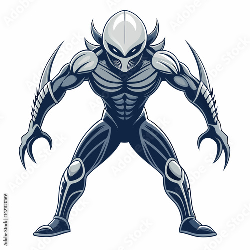 Create a bold, vector illustration of a futuristic alien fighter jet, emphasizing thick outlines and strong shapes.  Include details like weaponry and engines.