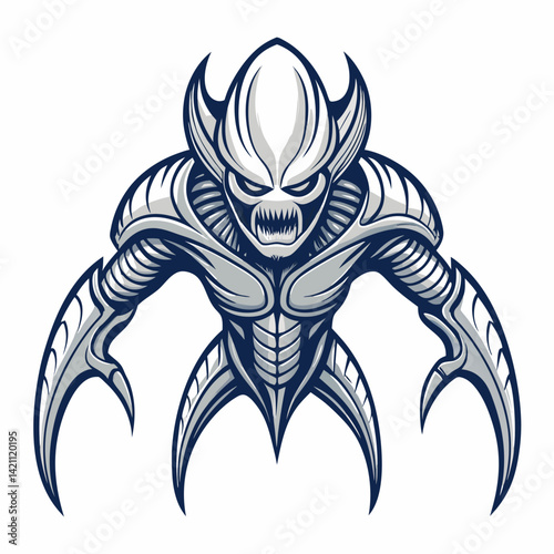 Create a vector illustration of a bold, stylized alien fighter jet with thick black strokes.  Include detailed weaponry and futuristic design elements.