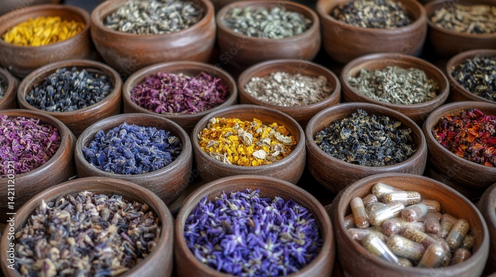 Fototapeta premium Assorted dried herbs and spices in small bowls (5)