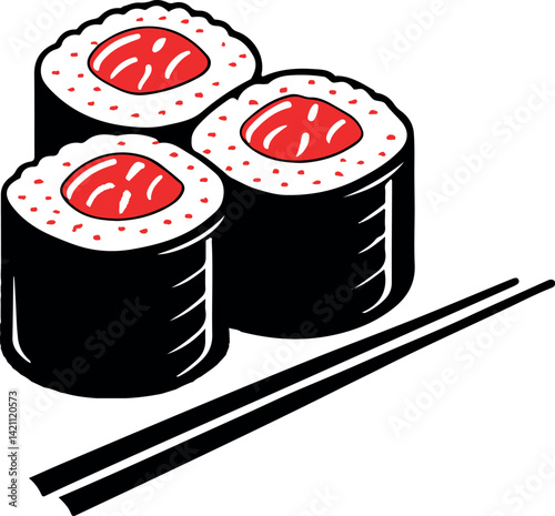 Three Tuna Maki Sushi Rolls with Chopsticks - Japanese Cuisine Illustration