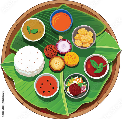 Colorful Indian Thali Platter Displaying Diverse Dishes Isolated Vector Illustration On Transparent Background