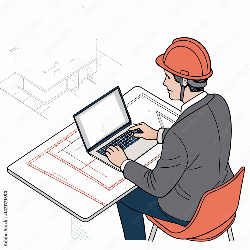 Create a bold vector illustration of an architect meticulously checking architectural blueprints, emphasizing strong lines and a professional aesthetic. Create a bold vector illustration of an architect meticulously checking architectural blueprints, emphasizing strong lines and a professional aesthetic.