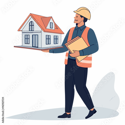 Create a vector illustration of a bold-stroked architect confidently holding a house model, conveying success and expertise.