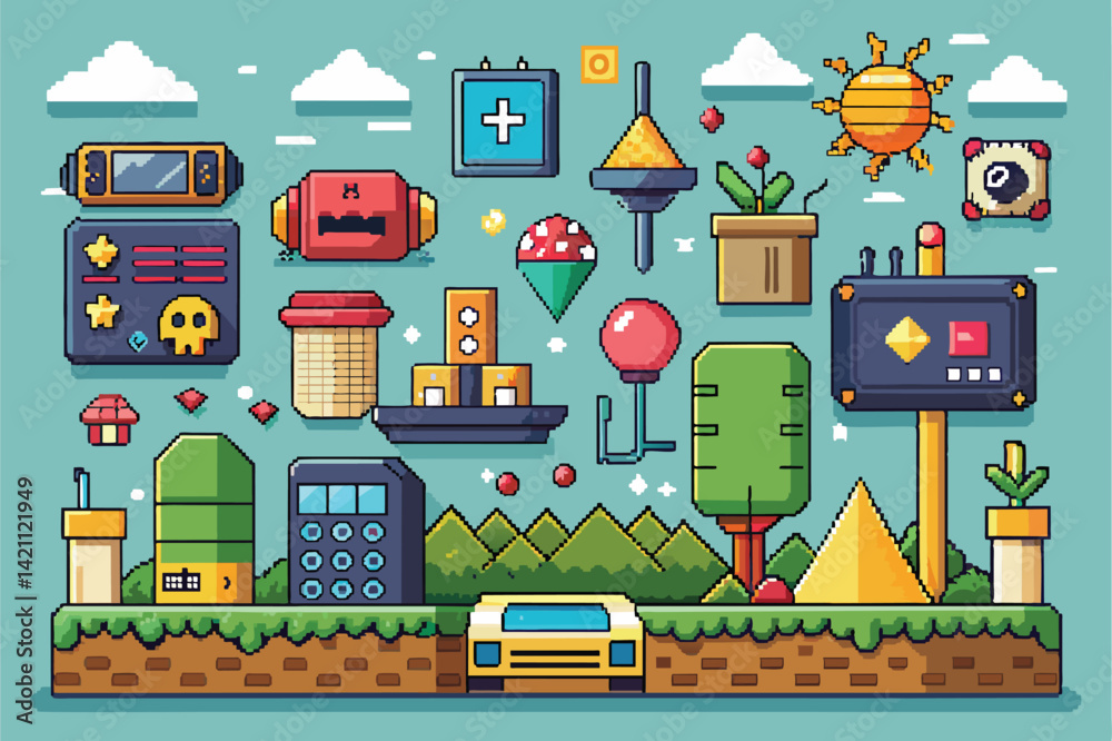Naklejka premium A vibrant collection of retro pixel art elements perfect for designing video game worlds, featuring trees, icons, and fun interactive items.