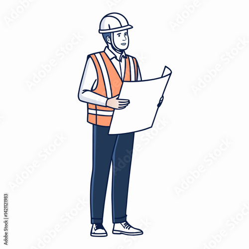 Create a bold vector illustration of an architect wearing a safety helmet, emphasizing strong lines and a minimalist style.