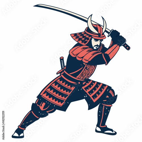 Create a bold vector illustration of a samurai warrior,  dynamic pose, detailed armor, katana, strong lines, impactful design.