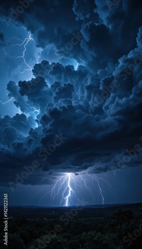 A dramatic scene unfolds as bright lightning forks across a dark, stormy sky, illuminating a dense forest below. The trees stand tall, silhouetted against the electric display.