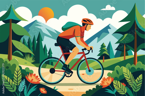 Vibrant illustration showing a cyclist riding through a picturesque mountain setting, surrounded by lush greenery and flowers, under a bright sun.