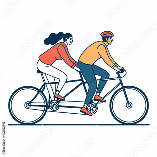 Create a bold, vector illustration of a tandem bicycle with a single, thick stroke outline.  Focus on clean lines and strong graphic impact.