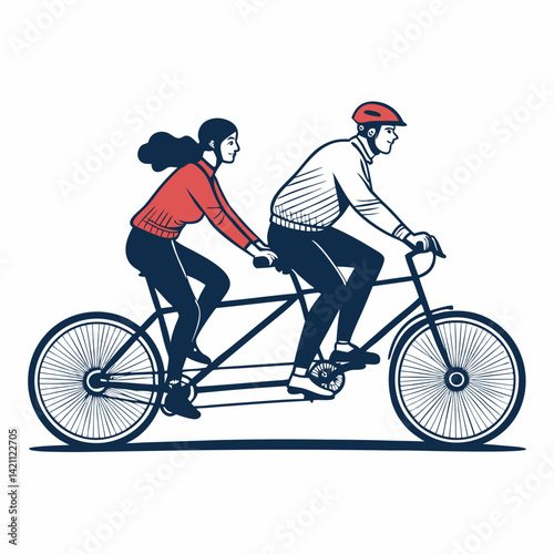 Create a bold, vector illustration of a vintage tandem bicycle with thick black strokes, emphasizing detail.  Include realistic tire treads and a classic design.