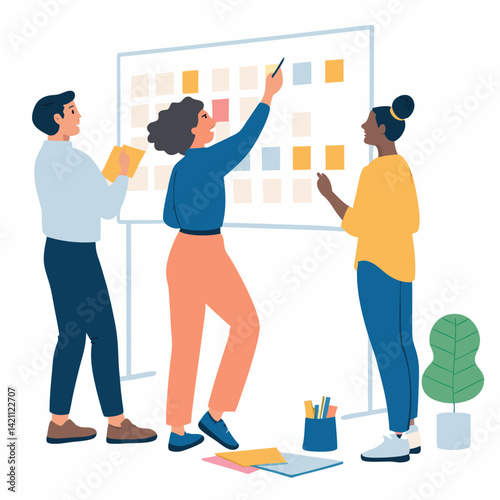 Create a bold vector illustration of a diverse team brainstorming, showcasing energetic ideas and collaborative spirit.  Focus on strong outlines and impactful visuals.