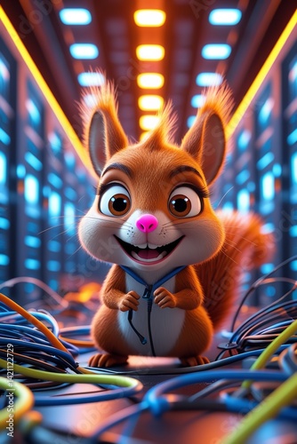 Adorable squirrel techie amidst colorful server cables warm lighting a playful 3D render