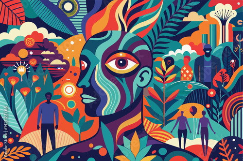 Colorful abstract illustration featuring diverse individuals surrounded by vivid nature elements. This artwork emphasizes individuality and the connection between people and the environment.