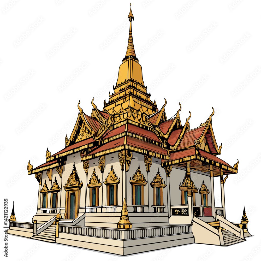 Fototapeta premium Create a bold vector illustration of a Thai Vihara (temple) with intricate details, featuring a strong black stroke style. Emphasis on architectural lines.