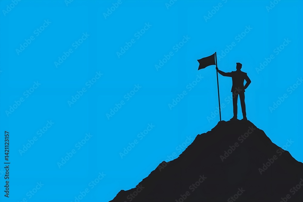 Silhouette of a businessman planting a flag on a mountain peak Silhouette of a businessman planting a flag on a mountain peak
