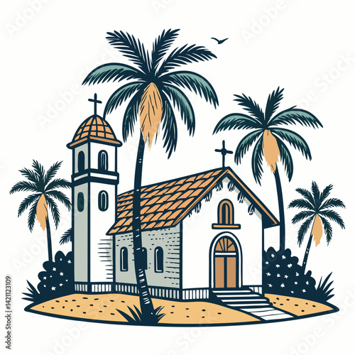 Design a bold, vector illustration of a tropical-style churro, emphasizing thick outlines and vibrant colors.  Include detailed texture and appealing stylistic elements.