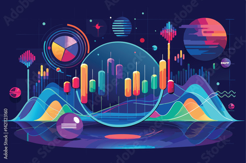 Vibrant abstract illustration showcasing diverse financial data visualizations with graphs and charts. Perfect for business analytics, technology, and finance themes.