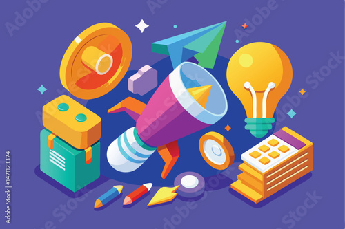 Vibrant and whimsical illustration featuring creative business icons. Ideal for concepts of innovation, technology, and marketing in bright colors, fostering ideas and inspiration.