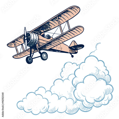 Create a bold, vector illustration of a vintage biplane in flight, emphasizing strong lines and a retro style.