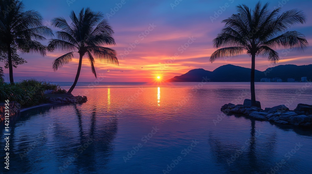 Obraz premium Serene Tropical Sunset with Palm Trees Reflecting in Calm Waters, Ethereal Color Palette, Tranquil Ambiance Creating a Relaxing Coastal Scene