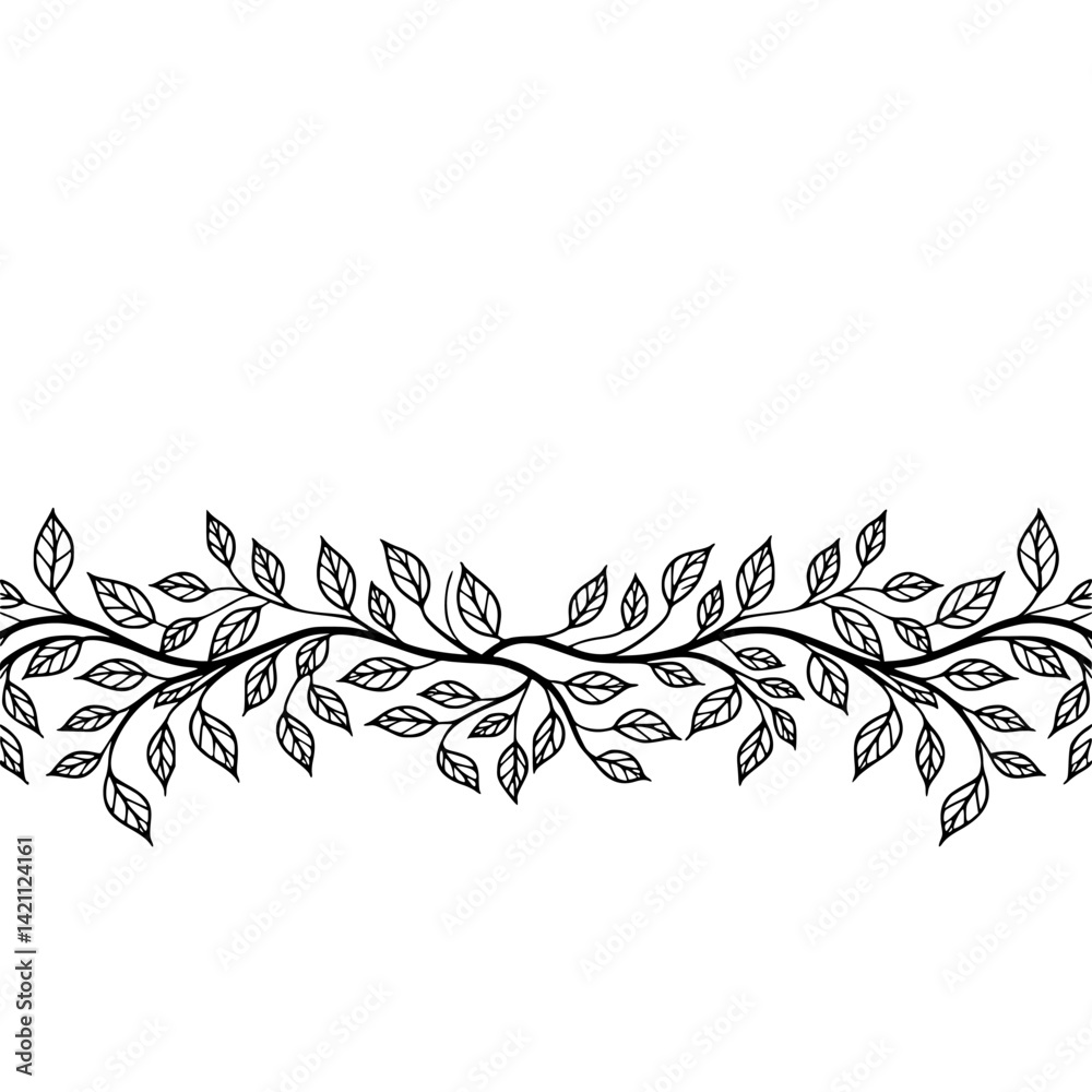 Elegant Black & White Leafy Vine Border, Hand-Drawn Line Art