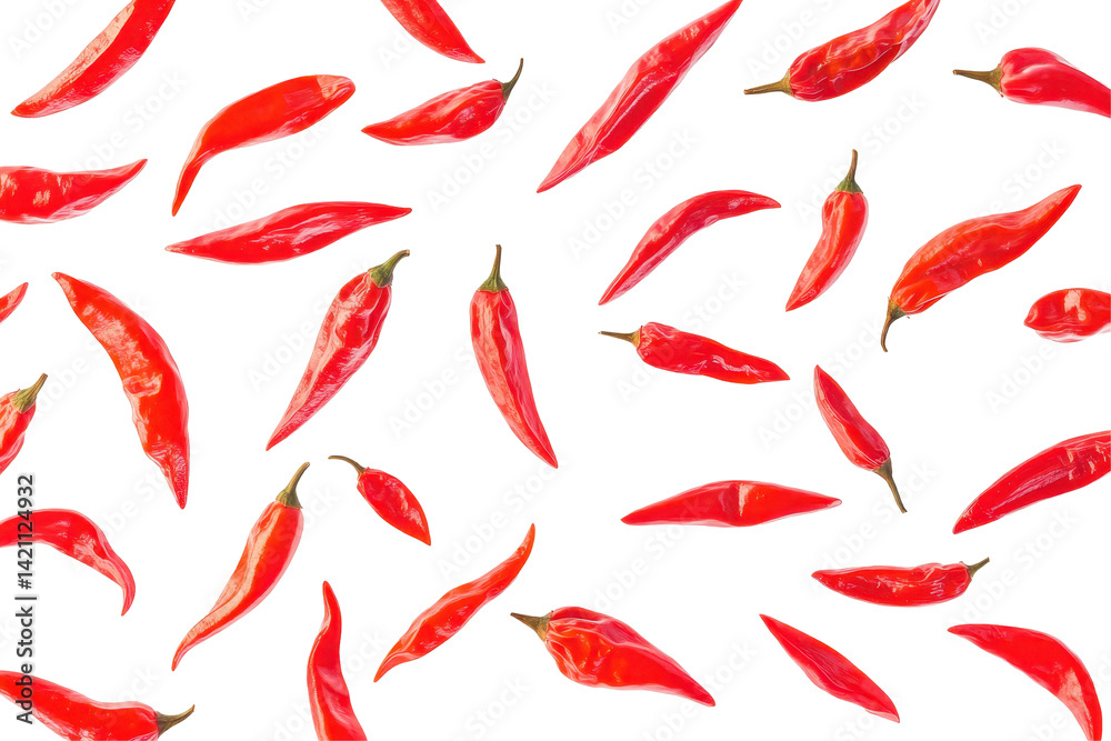 Floating red chili peppers displayed in dynamic motion against a bright white isolated background Floating red chili peppers displayed in dynamic motion against a bright white isolated background