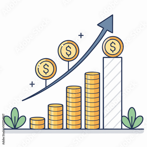 Create a bold, vector illustration of a financial growth chart with a strong upward trend, emphasizing impactful visual elements.