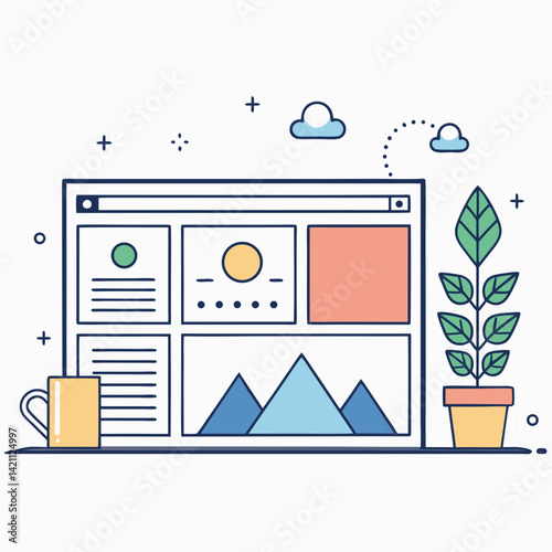 Design a bold, flat vector illustration of web design concepts.  Include icons representing key aspects like coding, UX, and UI.
