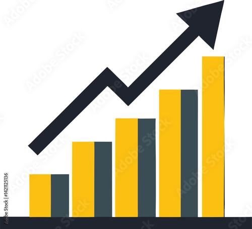 A vibrant graphic depicts a bar graph with increasing values, highlighted by a sharply rising yellow arrow Isolated Vector Illustration On Transparent Background