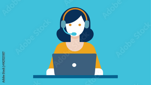 Vector illustration of a woman call center representative wearing a headset and mic with editable features for use in support services, customer care, and UI elements